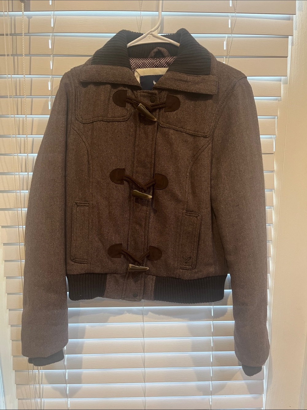 Brown Herringbone Toggle Jacket with Rib Trim